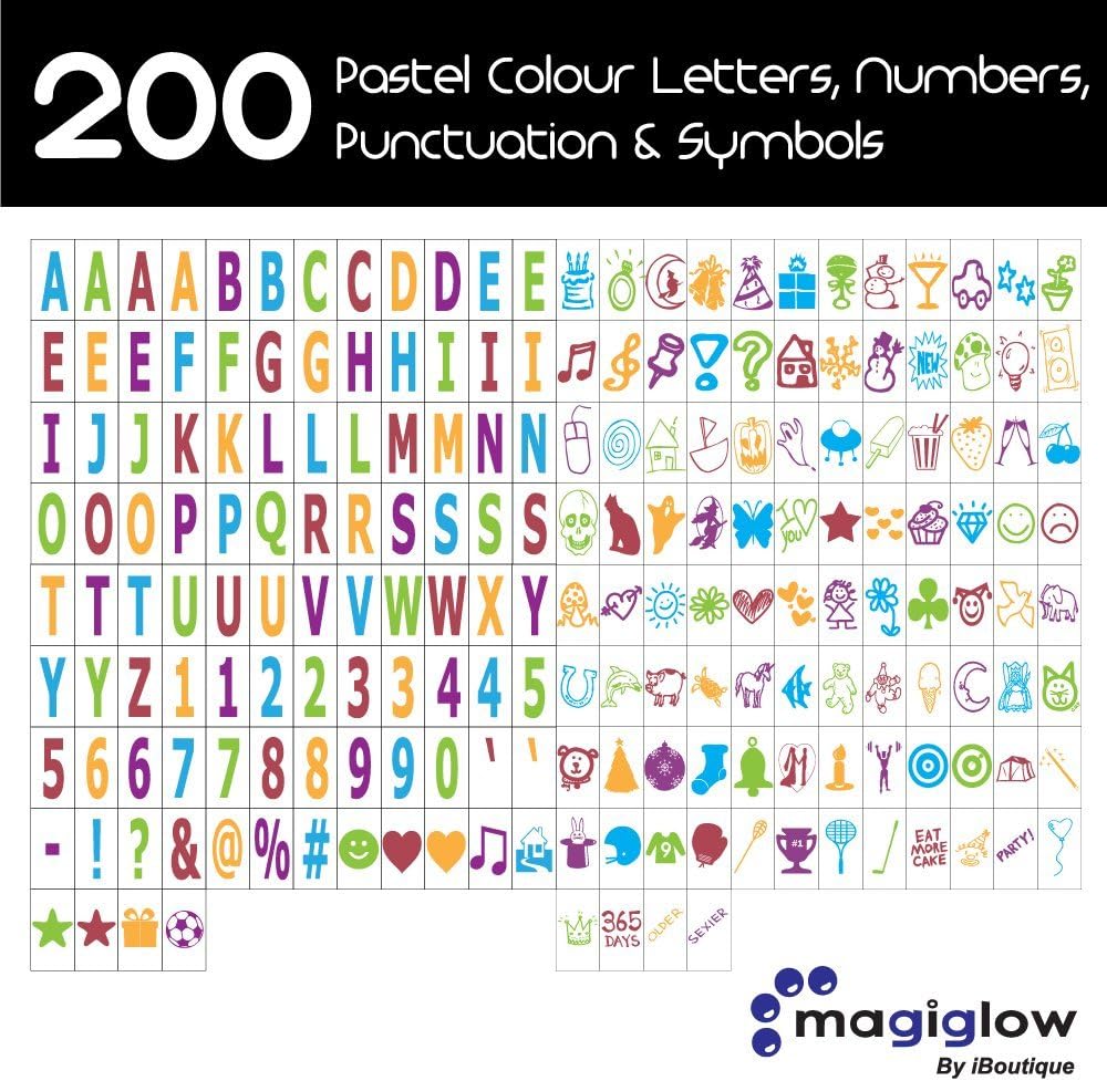 iBoutique by MagiGlow Extra pack of 200 Colour Letters, Numbers, Symbols & Emojis for Cinematic Light Boxes