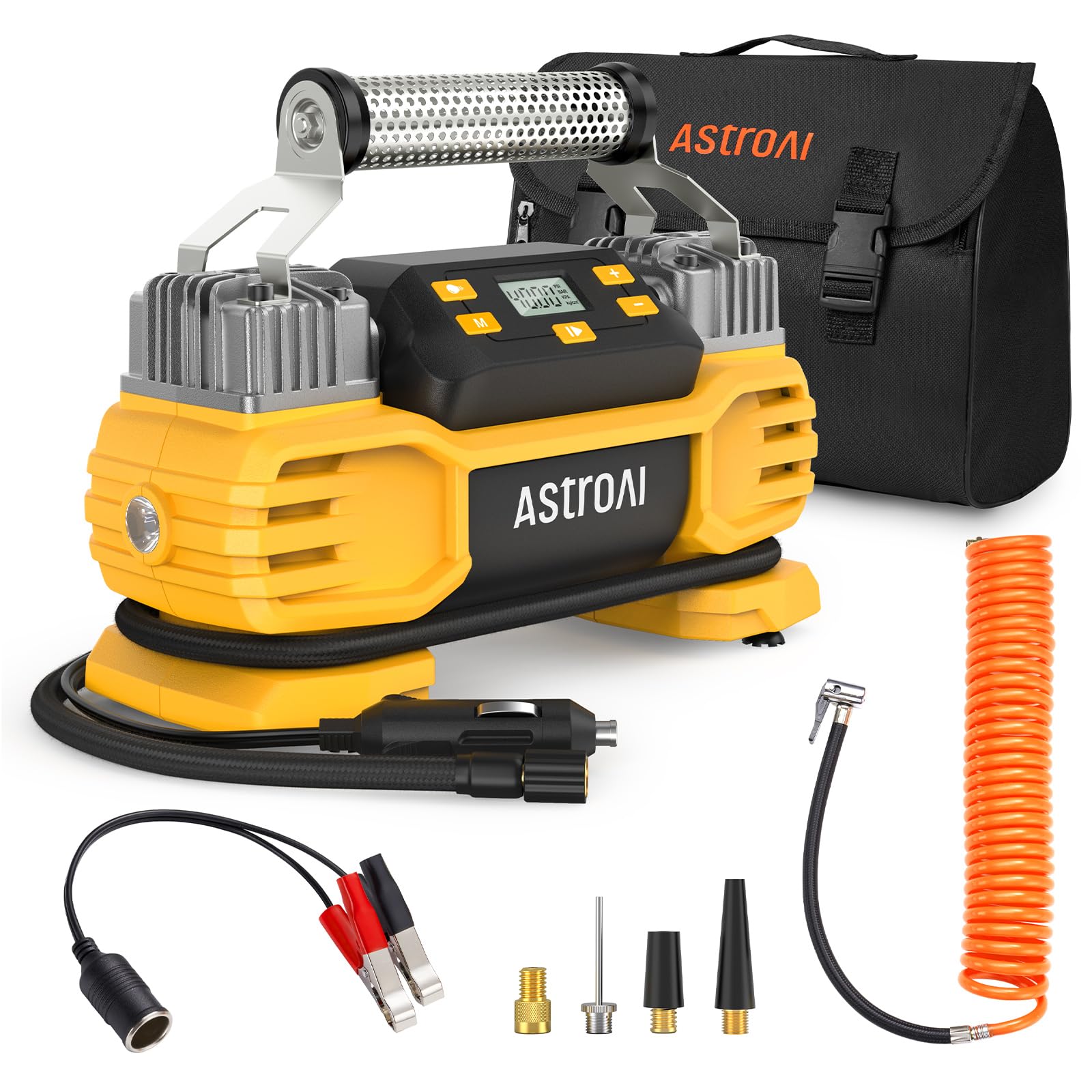 Photo 1 of AstroAI Portable 160 PSI DC Heavy Duty Tire Inflator Pump Auto Shutoff with Screen, Dual Cylinders & Dual Motors, 12V Air Compressor for SUVs, RVs, ORVs, Cars, Air Mattresses, etc. Yellow(NO AC)