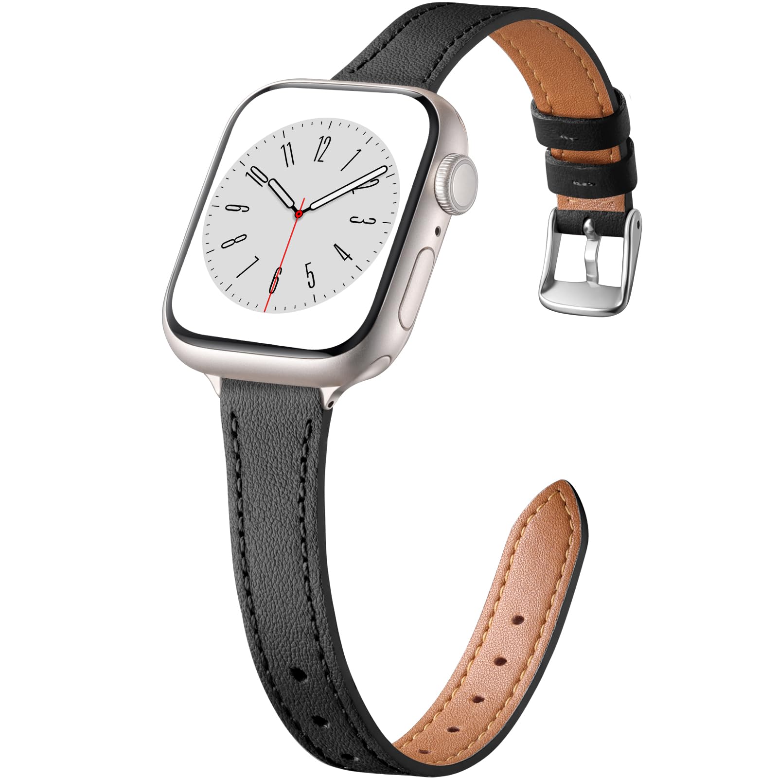 Charlam Compatible with Apple Watch Bands for Women 44mm 45mm 46mm 42mm 41mm 40mm 38mm, Top Grain Soft Leather Bands Slim Wristband for iWatch SE, iWatch Series 11 10 9 8 7 6 5 4 3 2 1,Black/Starlight