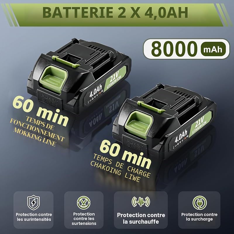 Débroussailleuse Électrique sans Fil 21V - Coupe Bordure Batterie 4Ah avec Lames Métalliques, Poignée Réglable, Adapté pour Jardin Pelouse Et Bordures, Puissant pour Coupe Herbe (Beige)