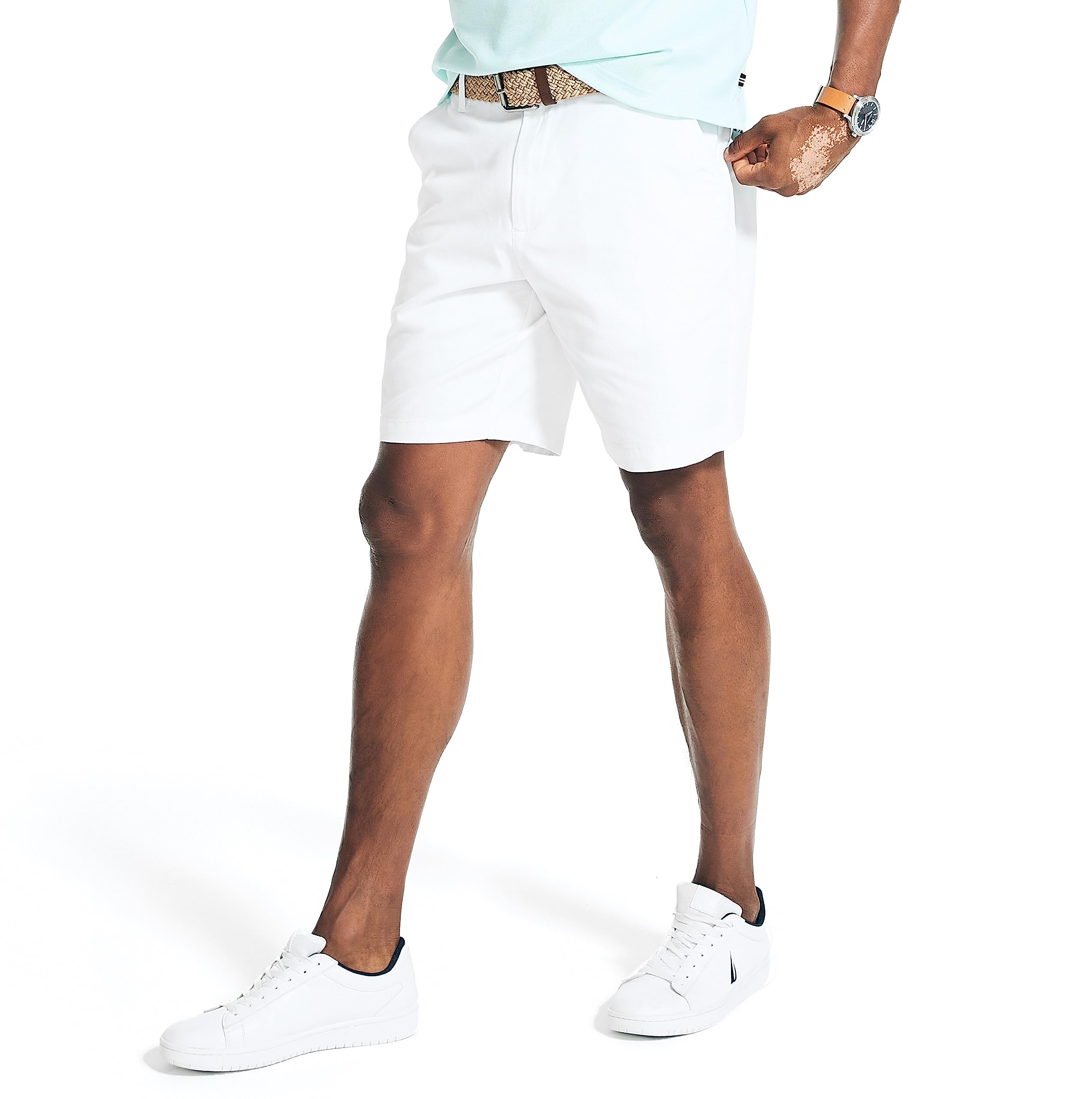 Photo 1 of Nautica Men's Classic Fit Flat Front Stretch Solid Chino 8.5" Deck Shorts, Bright White, 34W