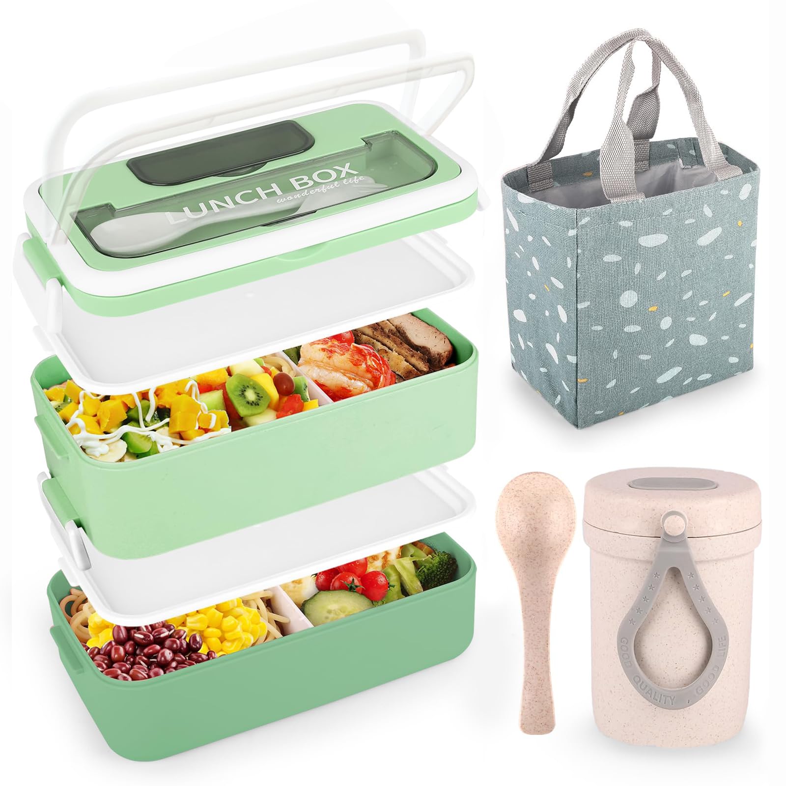 VEIOK Bento Lunch Box Adult 1600ml Lunchbox Stackable with Compartments and Bag (Green)