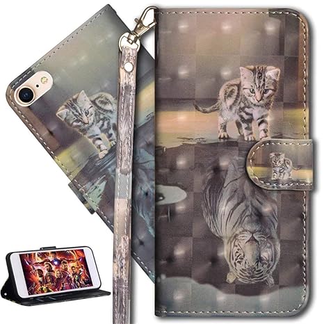 HMTECH iPhone SE/iPhone 5 5S Hülle Luxus 3D Süßes Cat Tiger Flip Standfunktion Karten Slot Magnetverschluß Brieftasche Tasche