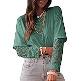 Acelitt Womens Mesh Long Sleeve Tops Crewneck Lace Blouse Shirts,S-XXL