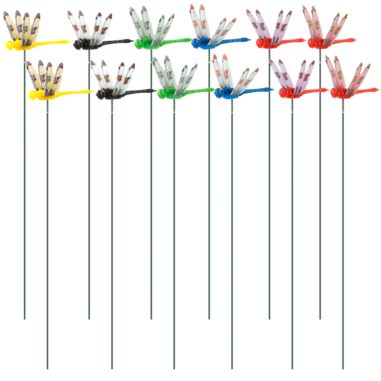 NQEUEPN 12pcs Realistic Dragonfly Garden Decor, 3D Artificial Fake Dragon Fly Stakes 6 Colors Dragonflies Pole Ornaments for Outdoor Patio Yard Flower Pot Garden Decoration (No Clips)