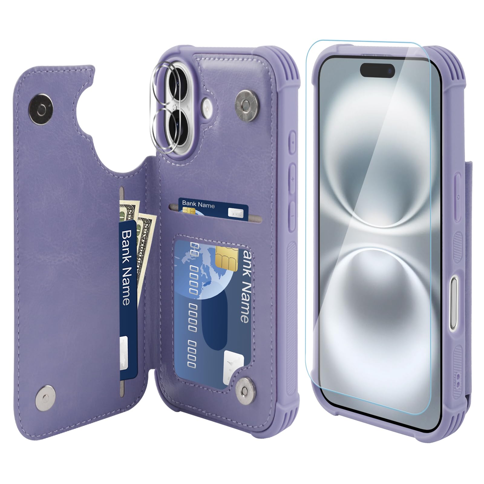 VANAVAGY Compatible for iPhone 16 Wallet Case with Credit Card Holder,Rfid Block Leather Flip Folio Phone Cover Fits Magnetic Car Mount and Stand with Screen Camera Protector,Clove Purple