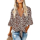 Kancystore Womens Button Down V Neck Tie Knot Front Tops 3/4 Sleeve Chiffon Casual Blouse Shirts