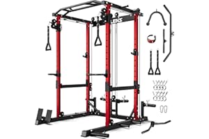 JELENS C12 Squat Rack for Home Gym, 2000LBS Power Rack with Adjustable Pulley System, Power Cage Workout Equipment with LAT Pulldown and Training Attachment