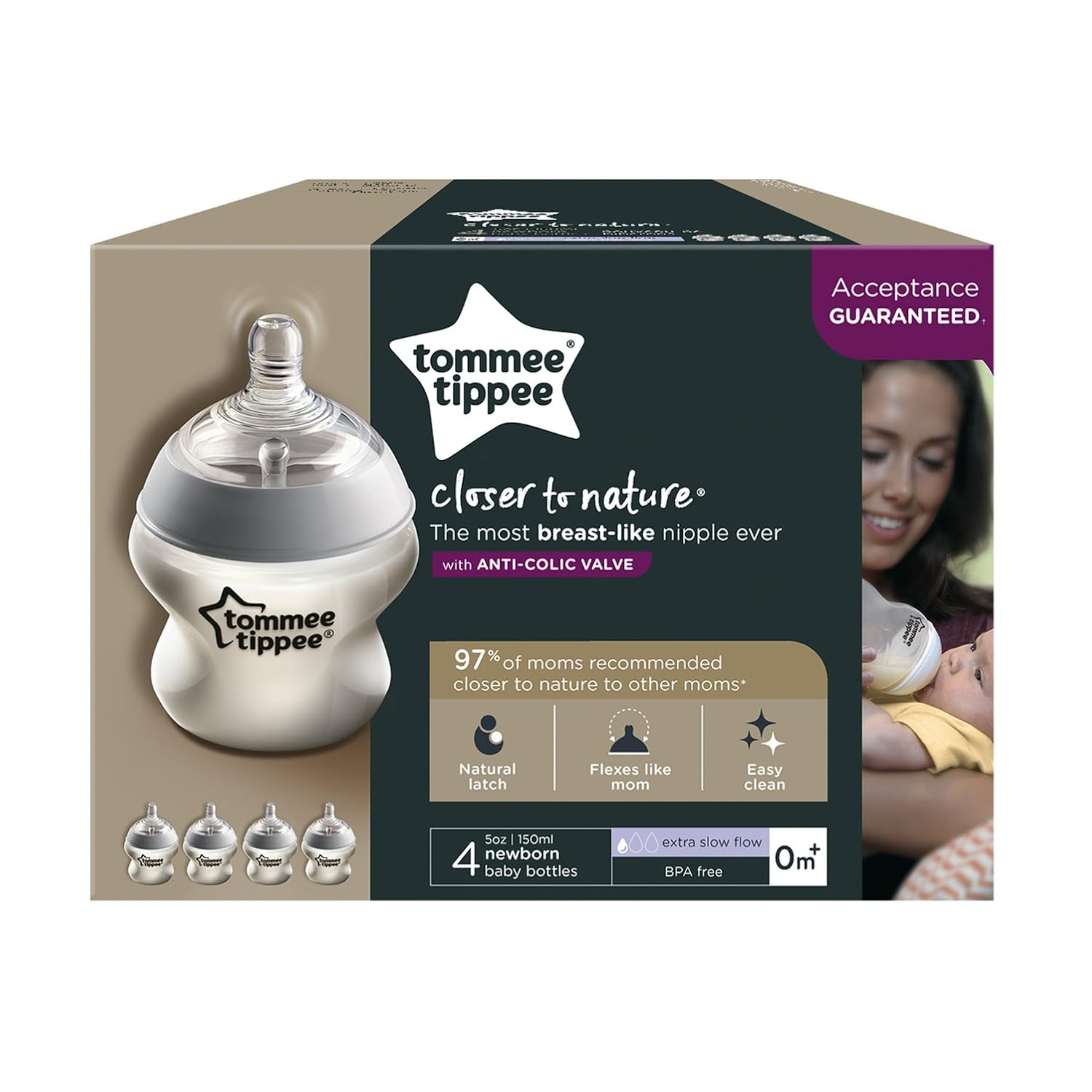 Tommee Tippee Closer to Nature Baby Bottle, Anti-Colic, Breast-like Nipple, BPA-Free - Extra Slow Flow, 5 Ounce (4 Count), Translucent (522568) : Baby