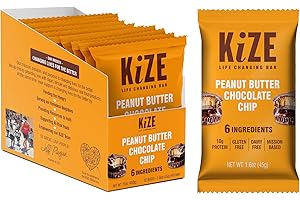KiZE Energy Bar, Peanut Butter Chocolate Chip, 6 Ingredients, 10g Protein, Clean & Simple Real Food, Gluten Free, Non-GMO, Dairy Free, Soy Free, Mission Based, High Protein Snacks (10 Count)