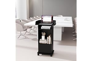 Socomf Wooden Podium Stand with Wheels Black,Mobile Professional Mobile Lecterns with Storage Cabinet,Hostess Stand Reception