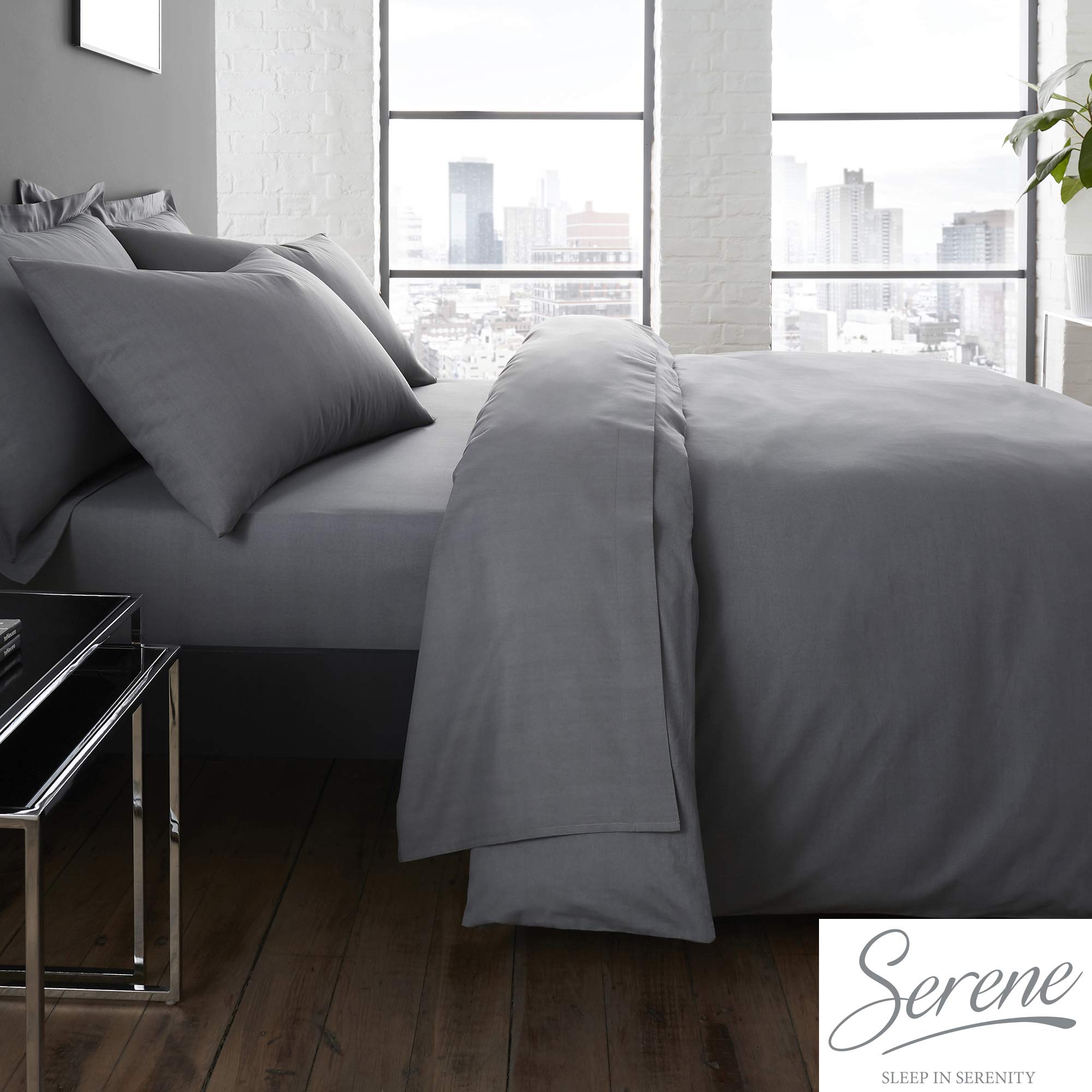 Serene Plain Dye Collection Easy Care Duvet Cover Set, Charcoal, Super King