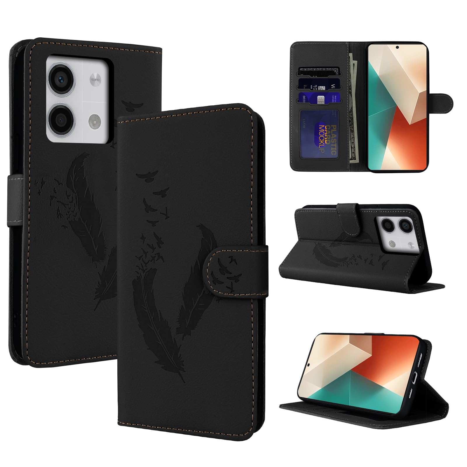 CASAFUNY Premium Leather Case for Xiaomi Redmi Note 13 5G, Magnetic Folding Wallet Case with Stand Function, Black