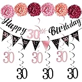 FASOTY 30th Birthday Decorations for Her Rose Gold Pink Pre Strung Happy 30th Birthday Banner,Tissue Paper Pom and Hanging Swirls 30 Year Old Party Decorations Supplies
