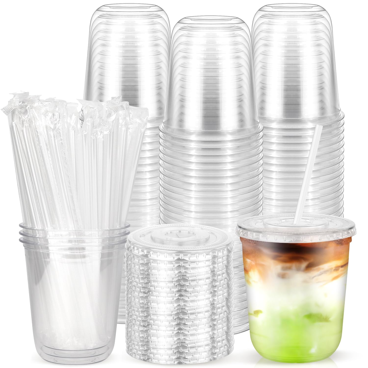Photo 1 of 100PCS 12 oz Disposable Plastic Cups with Flat Lids and Clear Straws, Round Bottom To Go Iced Coffee Cups, Small Sturdy Drink Cups for Soda, Smoothies, Cold Beverage, Juice Bars, Takeout, Office