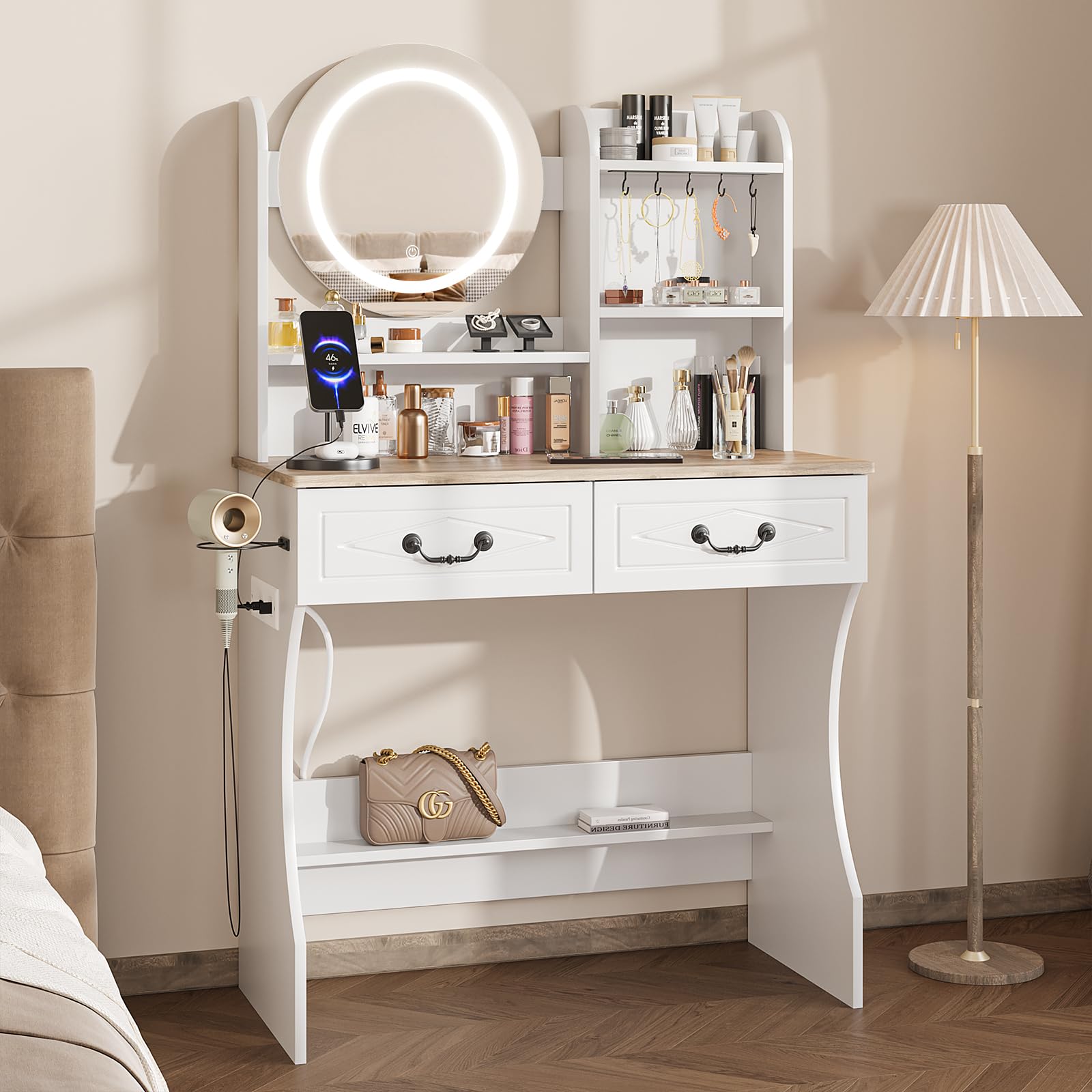 Photo 1 of Vabches Vanity Desk with Mirror and Lights, Makeup Vanity Desk with Charging Station, 3 Lighting Modes & Adjustable Brightness Dressing Table with 2 Drawers for Bedroom Dressing Room