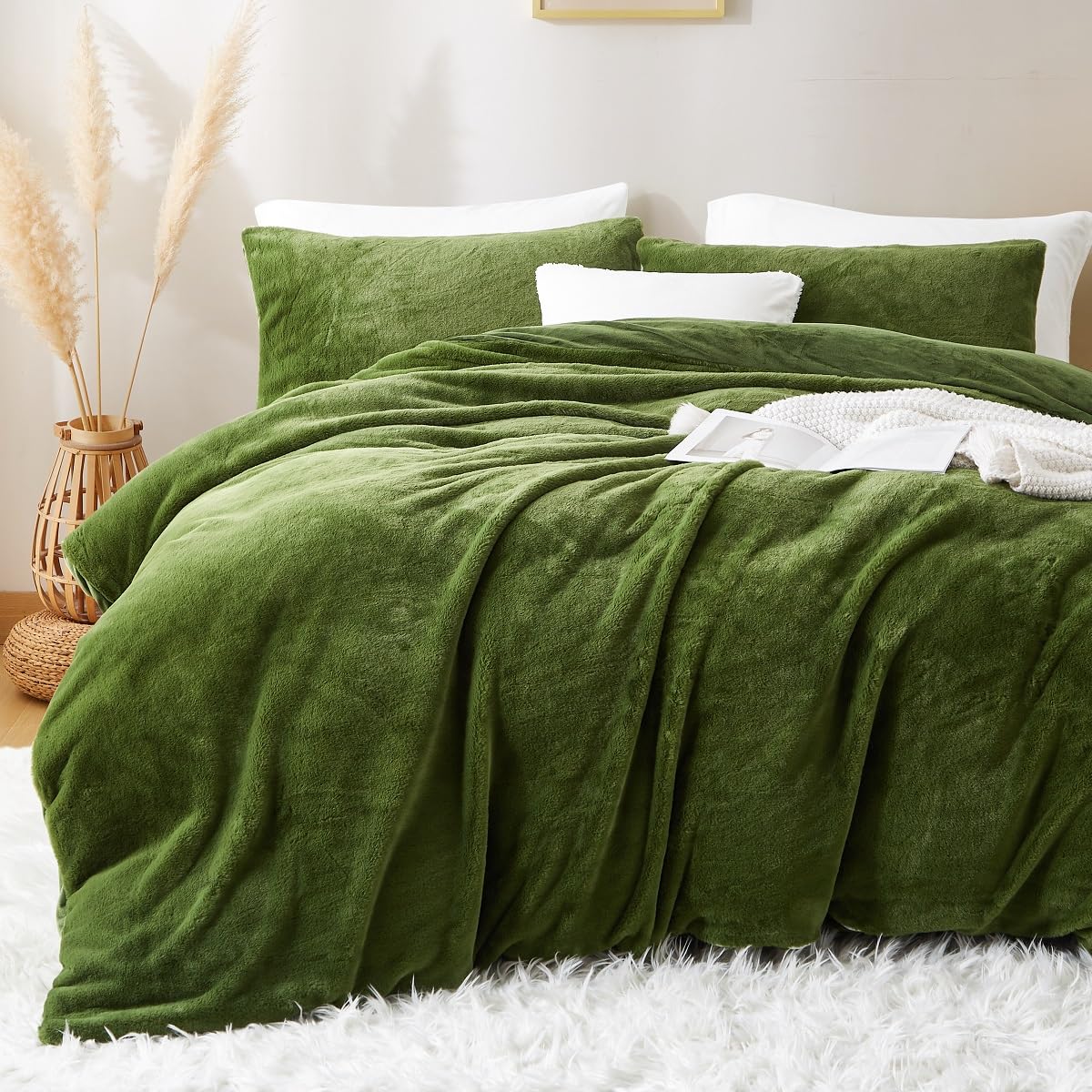 Lanqinglv Plush Bed Linen 135 x 200 cm Green White Faux Fur Fluffy Winter Bed Linen Warm Cosy Flannel Fleece Flannelette Plain Duvet Cover with Zip and 1 Pillowcase 80 x 80 cm