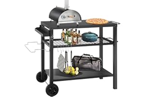 Grill Cart Table with Three Shelf, Movable Outdoor Dining Cart Pizza Oven Stand with Three Hooks, Kitchen Cart Island Multifunction Food Prep Table by KENDANE (Black)