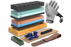 IMAYCC Knife Sharpening Stone Set, Premium 4 Side Grit 400/1000 3000/8000 Whetstone Sharpener Kit with Cut Resistant Gloves,Bamboo Base,Flattening Stone,Angle Guide,Honing Guide,Leather Strop,Razor Strop