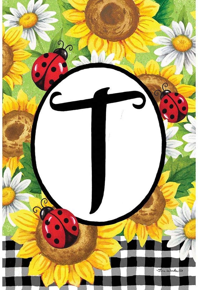 Amazon Com Custom Decor Sunflower Ladybugs Letter T Embroidered Monogram Decorative Double Sided Flag Garden Size 12 Inch X 18 Inch Licensed Copyright Trademark Cdi Usa Garden Outdoor