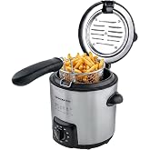OVENTE Electric Deep Fryer, 0.9L Capacity, 840W, Silver FDM1091BR | Adjustable Temperature Knob, Locking Lid, Removable Frying Basket and Cool Touch Handle, Easy to Clean Stainless Steel Body