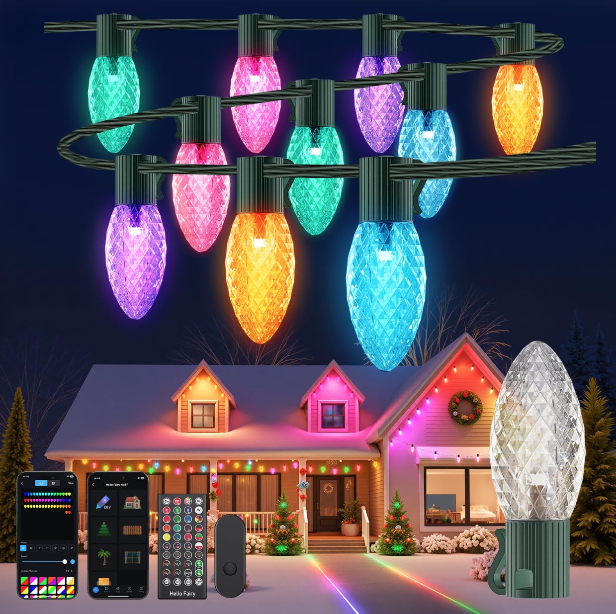 Photo 1 of **MISSING POWER SUPPLY PLUG*** YAYZA! Smart C9 Christmas Lights Outdoor, 200 LED 130 FT RGB C9 String Lights with APP & Remote Control, 105 Modes, Music Sync, Connectable Waterproof Christmas Lights for Roofline Patio Xmas Decor
