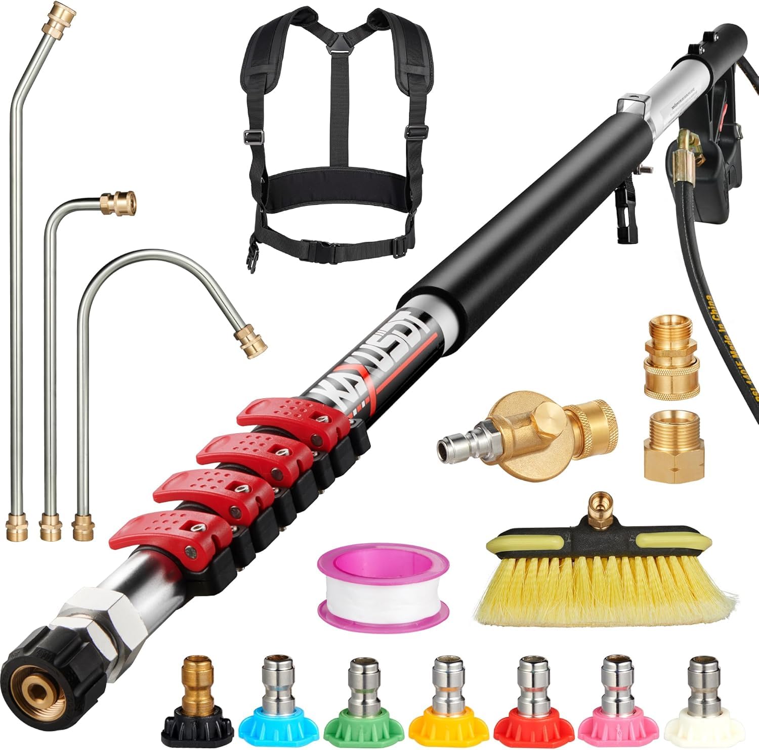 Photo 1 of 24 FT Pressure Washer Extension Wand with Gutter Cleaner Tools, Power Washer Extension Wand, Brush Head, 7 Spray Nozzle Tips, Support Belt and 2 Hose Adapters, Easy Cleaning from Ground