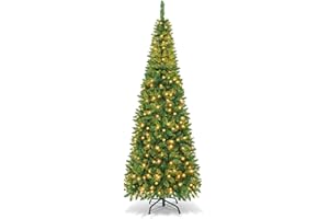 Goplus 7.5FT Pre-Lit Slim Pencil Christmas Tree, Artificial Hinged Xmas Tree with 1085 PVC Branch Tips, 350 LED Lights, for H