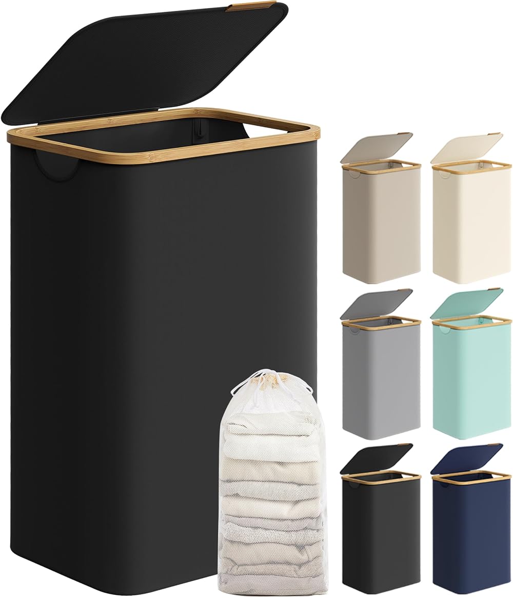 SONGMICS 90L Laundry Basket with Lid Large Collapsible 42x32x70.5 cm Ink Black