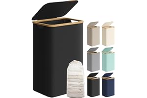 SONGMICS Laundry Hamper with Lid, Large Laundry Basket, 23.8 Gallons (90L), Removable Mesh Liner, Bamboo Handles, Collapsible, 16.5 x 12.6 x 27.8 Inches, Ink Black ULCB509B01