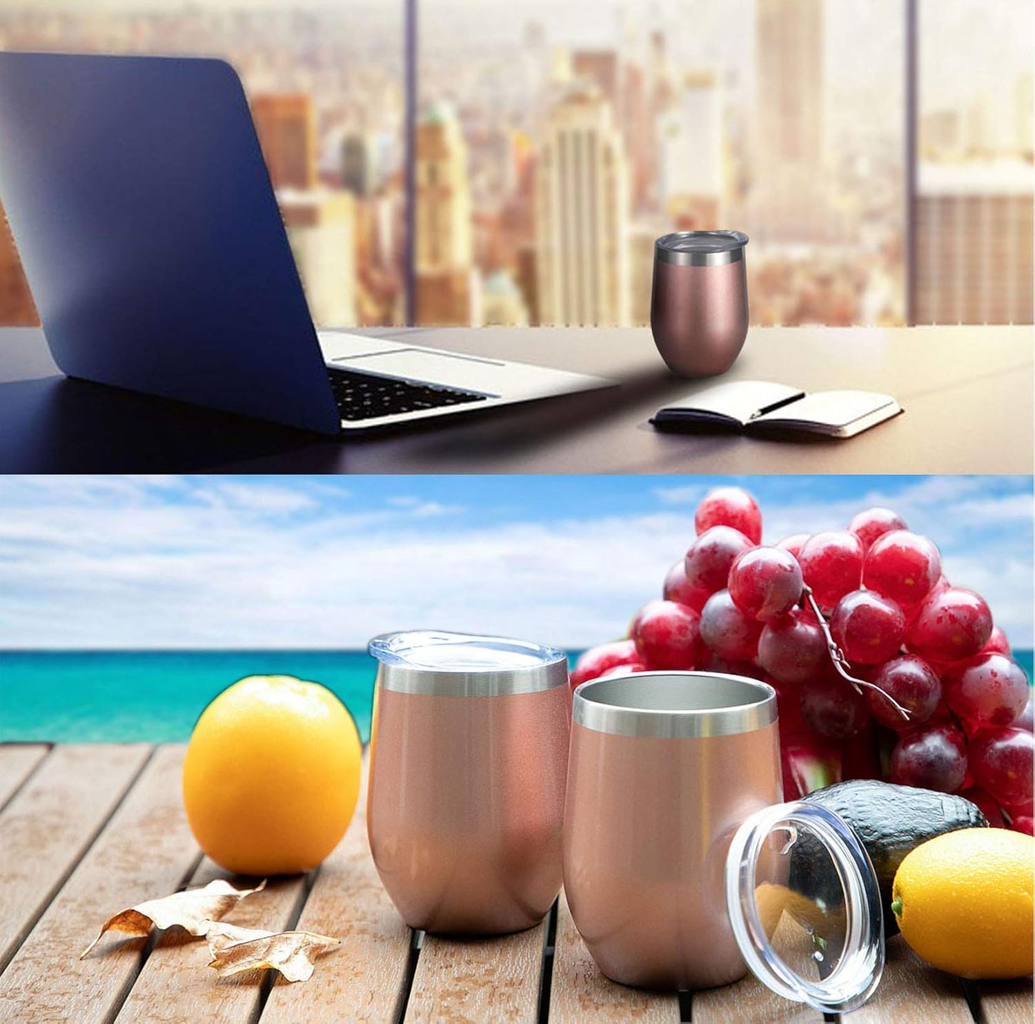  | SUNWILL Insulated Wine Tumbler with Lid Rose Gold, Double Wall Stainless Steel Stemless Insulated Wine Glass 12oz, Durable Insulated Coffee Mug, for Champaign, Cocktail, Beer, Office: Wine Glasses