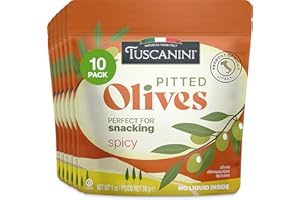 Tuscanini Italian Spicy Pitted Snack Olives, 1 oz (10 Pack) | Olive Pouches for Snacking | Salad Topper | Gluten Free, Vegan | For Travel, Picnics, & Office Snacks | Kosher