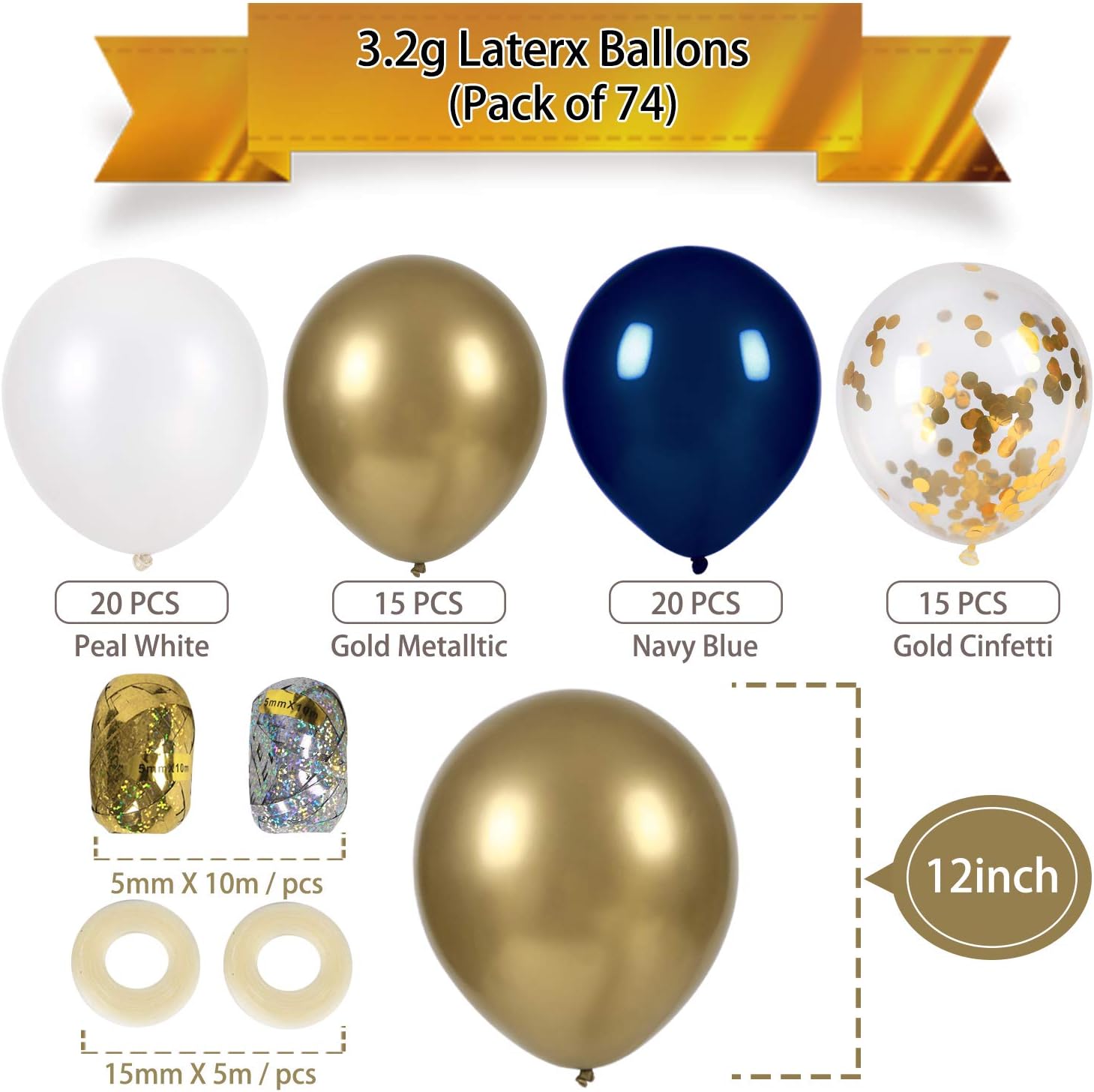 Navy Blue and Gold Confetti Balloons Party Decoration Supplies 70pcs 12 inch Gold Metallic Pearl White Balloons for Navy Party, Baby Shower, Wedding, Graduation, Bachelorette, Birthday Decorations, with 2 Balloon Strips, 2 Foil Ribbon: Toys & Games