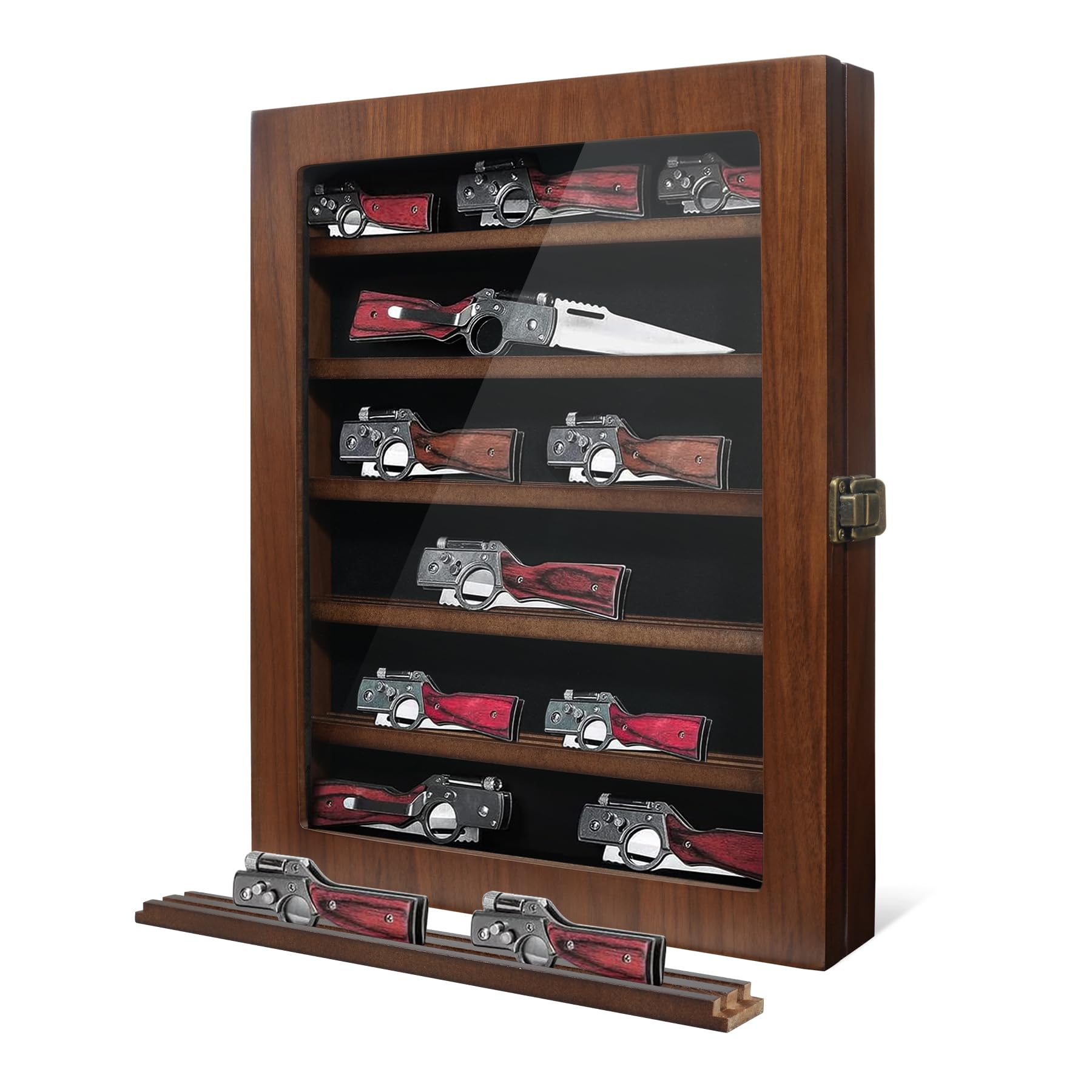 Photo 1 of Knife Display Case, Lockable Pocket Knives Display Box Cabinet with HD Tempered Glass, 6 Rows Military Folding Knife Stand with Removable 2 Grooves Shelves for Wall Mounted and Desk Display, Walnut
