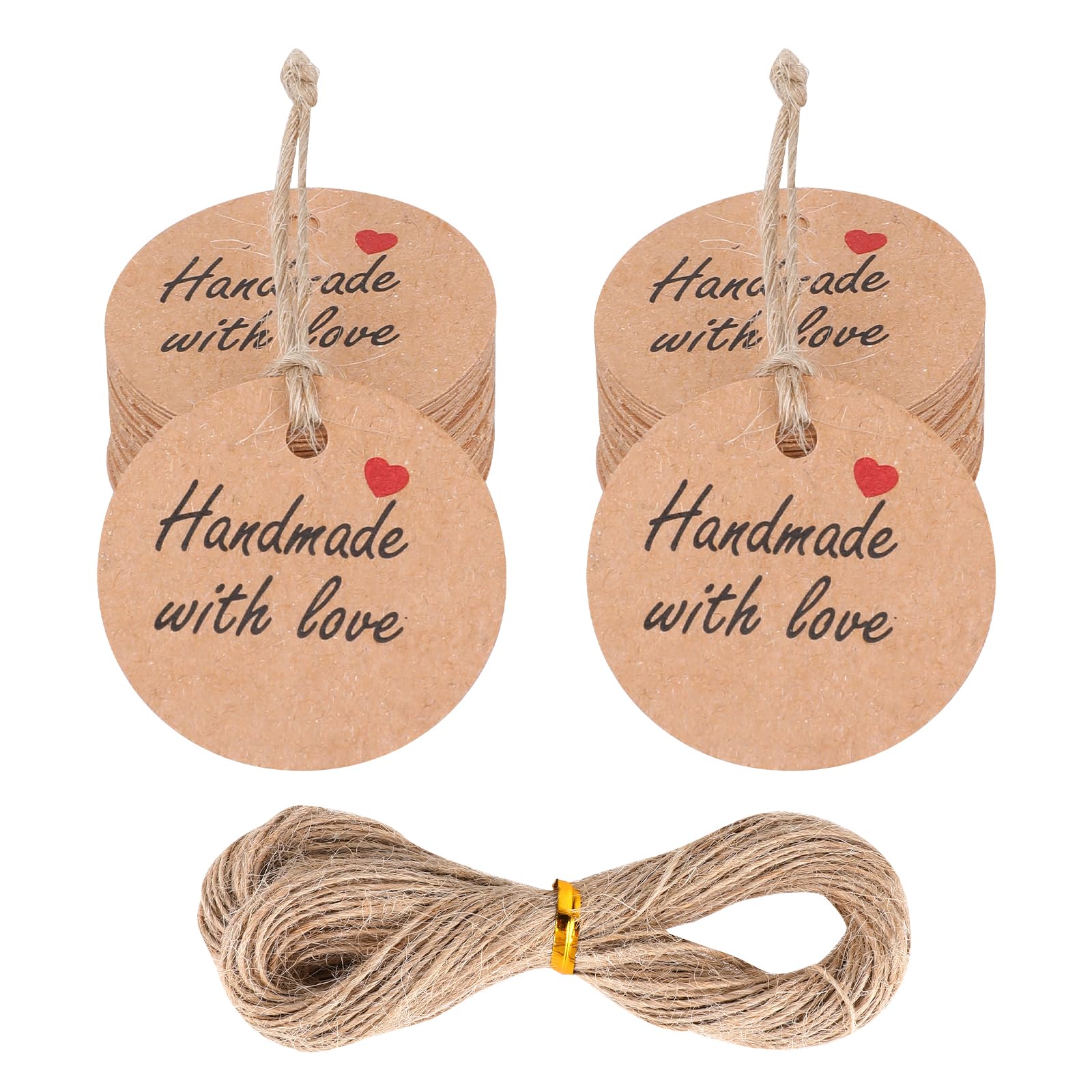 Photo 1 of 100Pcs Handmade with Love Tags Kraft Paper Hanging Tags with String 1.2” Round Brown Gift Labels with 66 ft String Personalized Handmade Tags for Crafts Candle Tins Wedding Birthday Party Favors