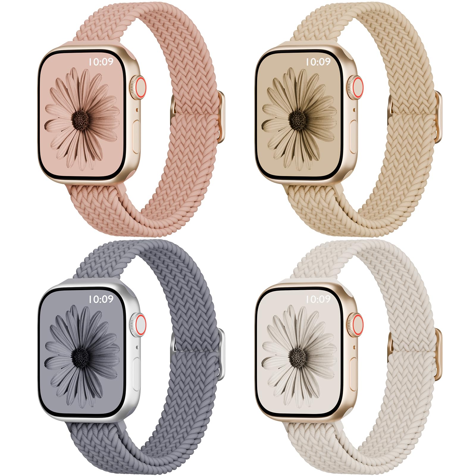4 Pack Slim Braided Stretchy Compatible with Apple Watch Band 38mm 42mm 40mm 44mm 41mm 45mm 46mm 49mm Women Men, Solo Loop Nylon Thin Strap for iWatch Series 11 10 9 8 7 SE 6 5 4 3 Ultra