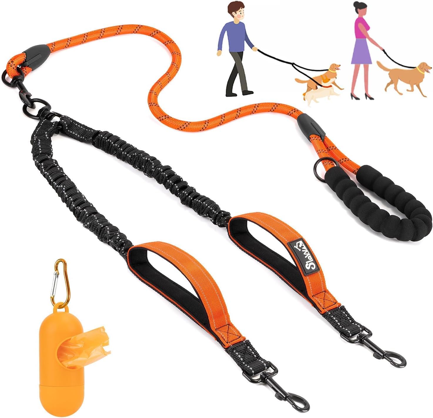 SlowTon Double Dog Lead for Walking 2 dogs No Tangle - 360° Swivel Heavy Duty Reflective Adjustable Dual Splitter with Soft Padded Handle, Comfortable Shock Absorbing Leash for Small Medium Dogs