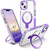 UMIONE for iPhone 13/14 Magnetic case with Stand and Finger Ring, Compatible with magsafe, Shockproof Transparent Hard Plate, Full Body case, Universal for Boys and Girls 6.1 - Purple