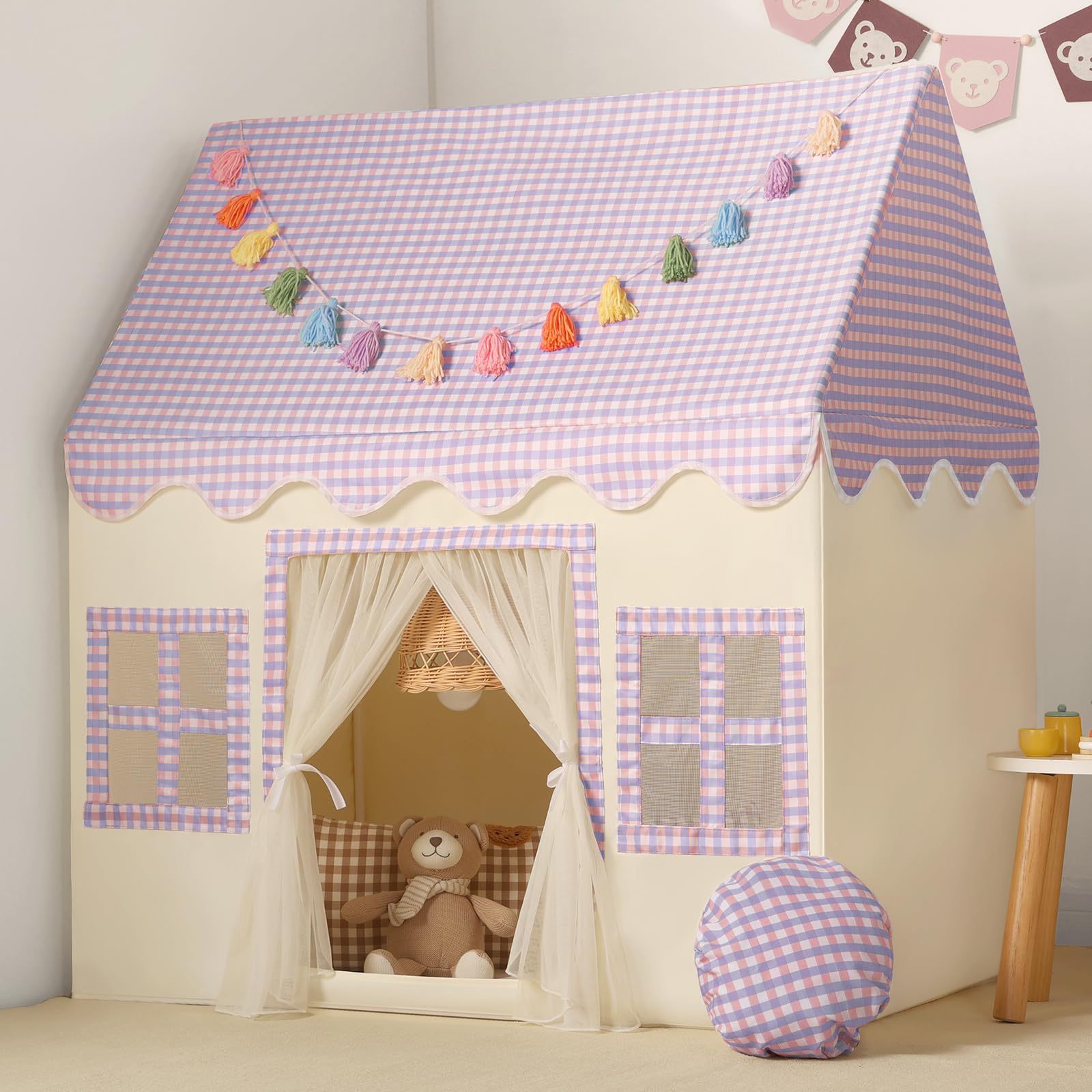 Wilwolfer Kids Play Tents Indoor: Princess PlayHouse with Purple Checkered & Padded Mat & Colorful Tassel Garland - Cute Toddlers Play House Toys Castle Tents for Boys Girls Room Decor - 67.5×97×107.5 — image 1
