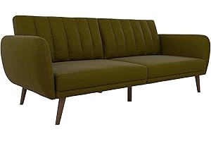 Novogratz Brittany Sofa Futon, Premium Linen Upholstery and Wooden Legs, Green Linen