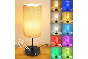 Unicozin Table Lamp, 3 CCT 3000K/4500K/6500K & RGB Color Changing, Stepless Dimmable Small Bedside Lamp for Reading, Ambience Nightstand Light for Home Decor Party, Beige Shade