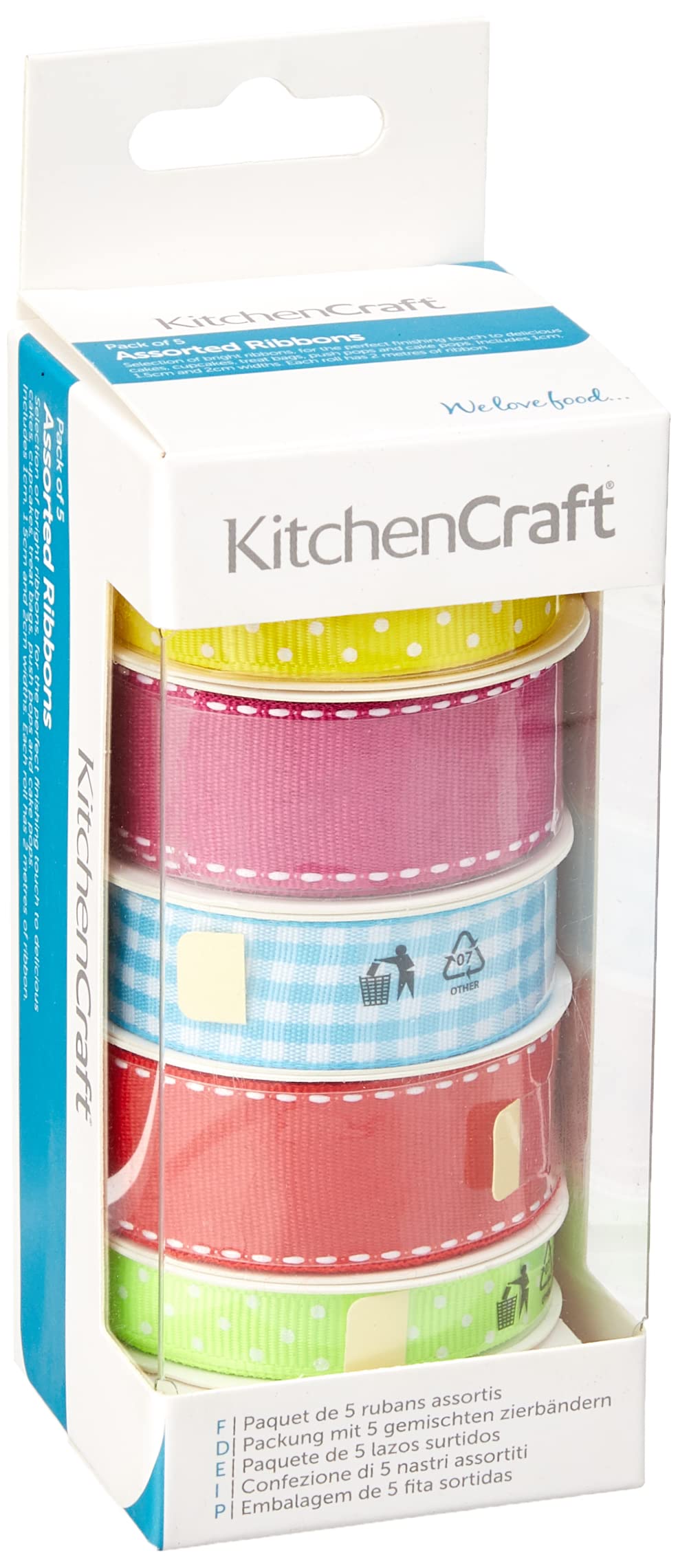 KitchenCraft Sweetly Does It Cake Ribbon, Fabric, Multi Colour, Set of 5 Bright Ribbons for Crafts, Cakes and Gifts