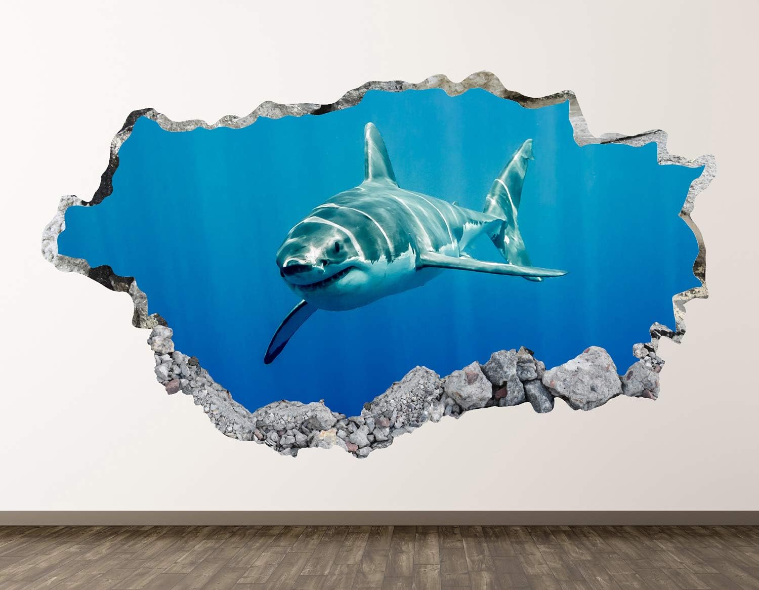 West Mountain Shark Wall Decal Art Decor 3D Smashed Kids Animal Sticker Mural Nursery Boys Gift BL11 (22" W x 14" H)