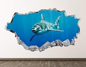 West Mountain Shark Wall Decal Art Decor 3D Smashed Kids Animal Sticker Mural Nursery Boys Gift BL11 (30" W x 18" H)