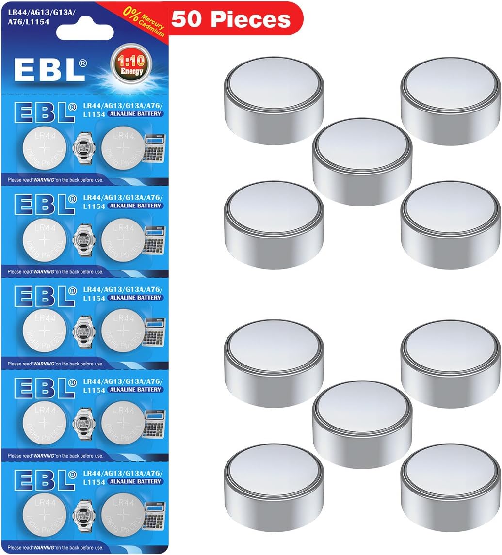 EBL 50 pcs Pilas L1154 AG13 G13A LR44 A76 Pilas 1,5V Alcalina (50