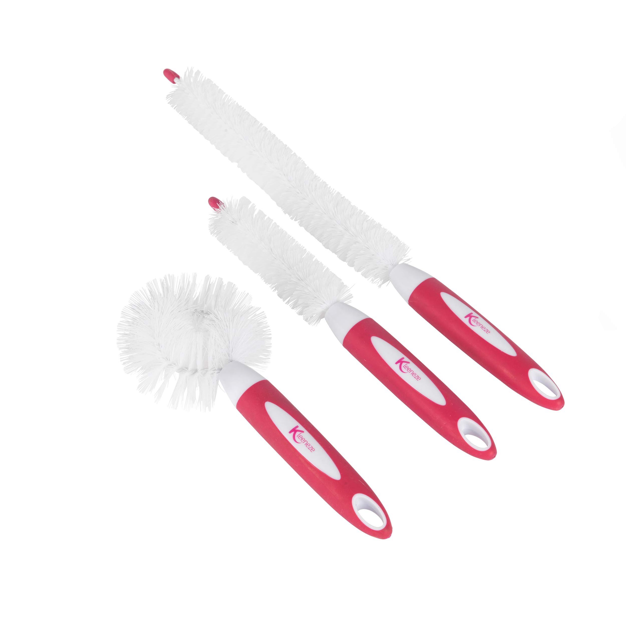 Kleeneze KL082794EU7 Bottle Cleaning Brushes, 3 Different Brush Heads, Flexible & Bending For Washing Up Glasses, Bottle, Mugs, Anti-Slip Grip With Non-Scratch Soft Bristles, Pink/White, Pack of 3
