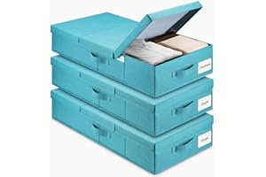 HOMAISSON Under Bed Storage With Lids,3 Pack Large Underbed Storage Containers Bin Organizer Box with Handle, Foldable Stackable Sturdy Storage Drawer Bag for Organizing Clothes Blanket Shoe Toy Bedroom (Cyan)