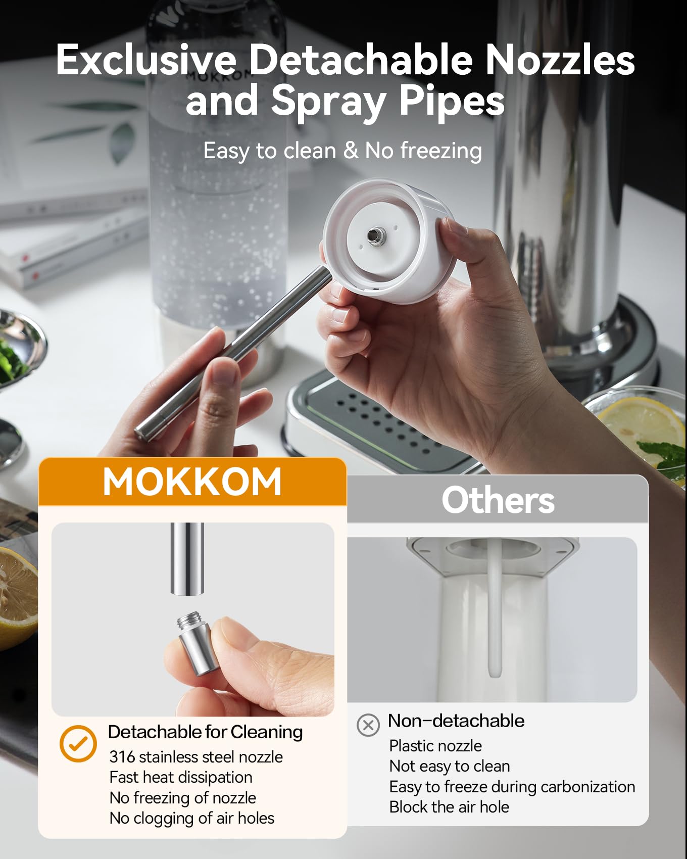 MOKKOM Sparkling Water Maker, Soda Streaming Machine with 1L PET Carbonating Bottle, Carbonates Any Drink, Soda Maker Compatible with 60L CO2 Carbonator (NOT Included) - Stainless Steel