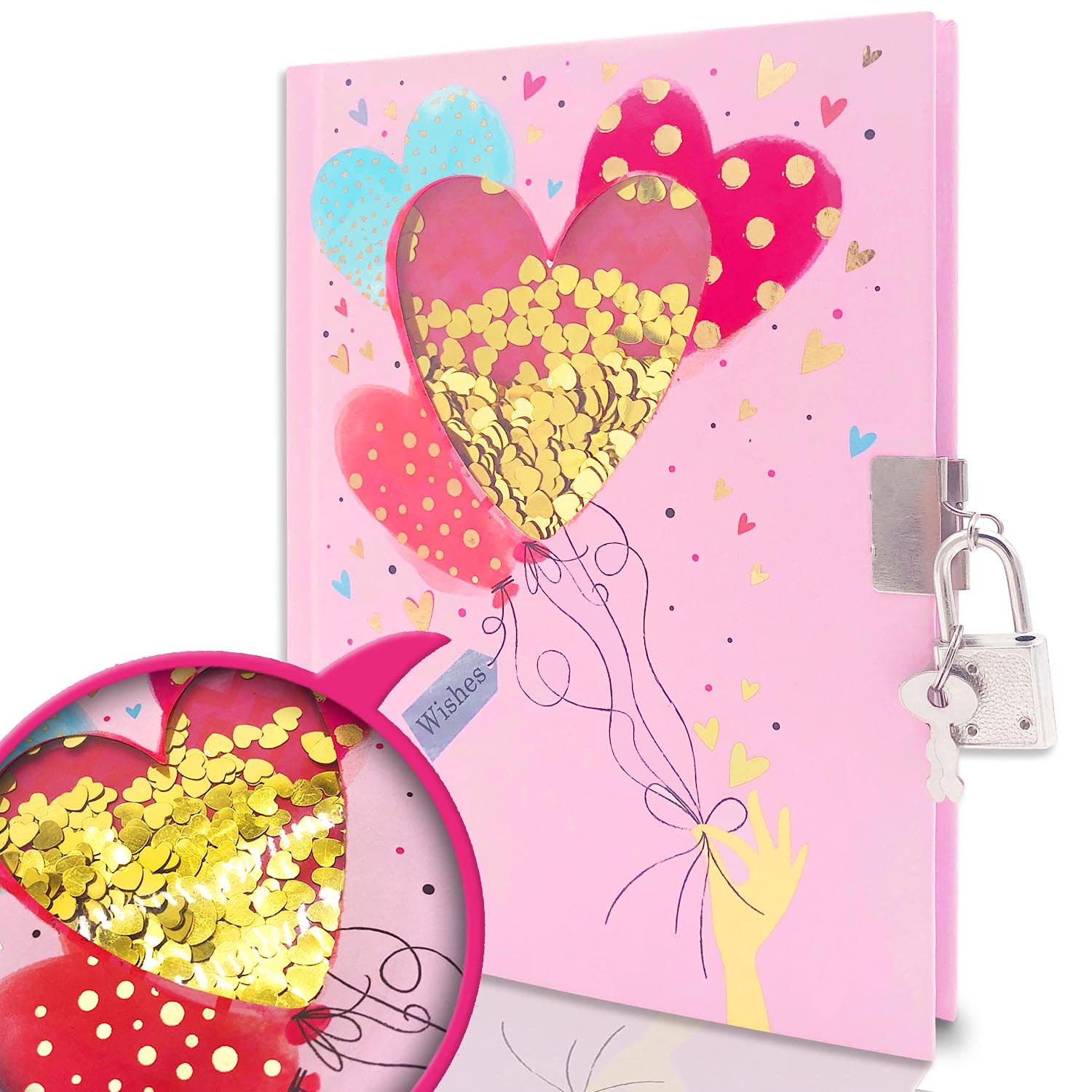 GINMLYDA Pink Secret Diary for Girls, 7x5.25 Inches 160 Lined Pages Shakable Sequin Kids Diary with Lock Heart Journal for Girls Gifts Cute Notebook for Birthday Presents Toys 5 6 7 8 9 10 Year Old