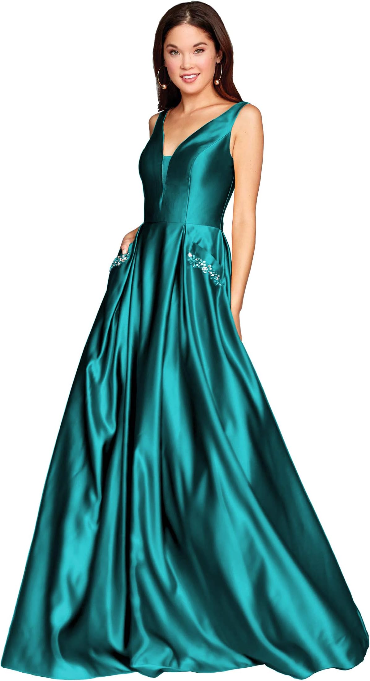 Zhongde Women's Open Back Satin Prom Dress Long Evening Gown With Pockets